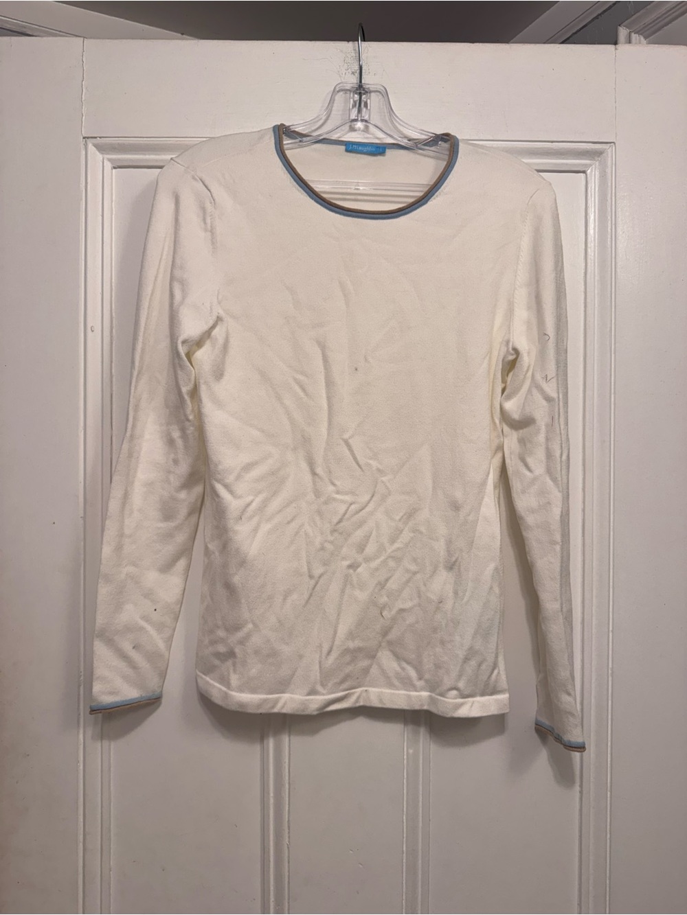 J. McLaughlin Cream Long-Sleeve Tee with Light Blue Trim